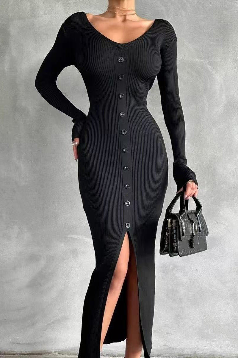 V-Neck Bodycon Knit Sweater Dress S / Black