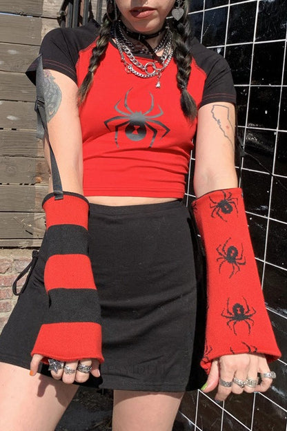 Spider Skull Crop T-Shirt with Detachable Sleeves