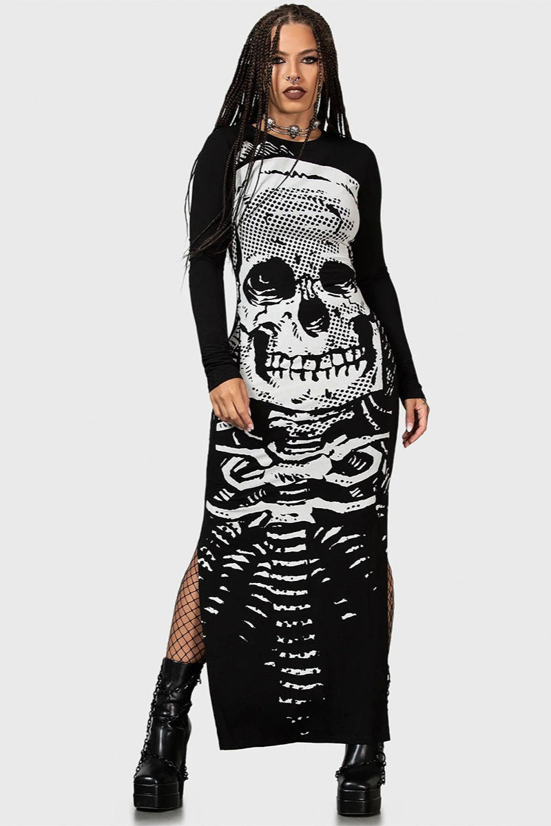 Gothic Skull Long Sleeve Slit Dress
