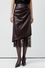 Elegant Lace Trim Leather Skirt