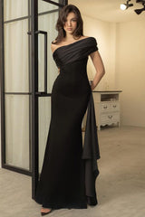 Black One Shoulder Flowy Sleeve Formal Dress