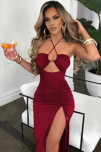 Sexy Halter Backless Cut Out Slit Maxi Dress