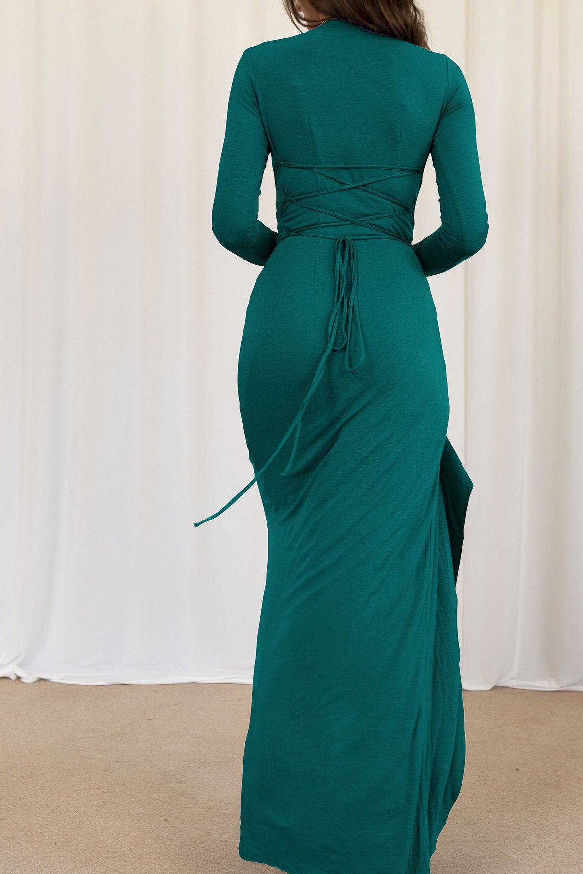 Slim Fit Pleated Long Sleeve Maxi Dress S / Green
