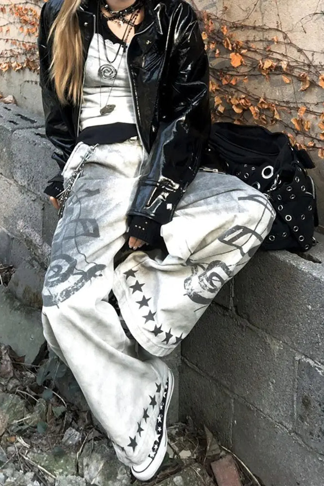 Music Note Print Vintage Jeans