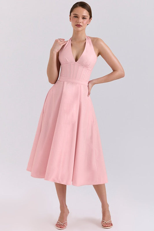 Elegant Deep V Halter Backless Maxi Party Dress