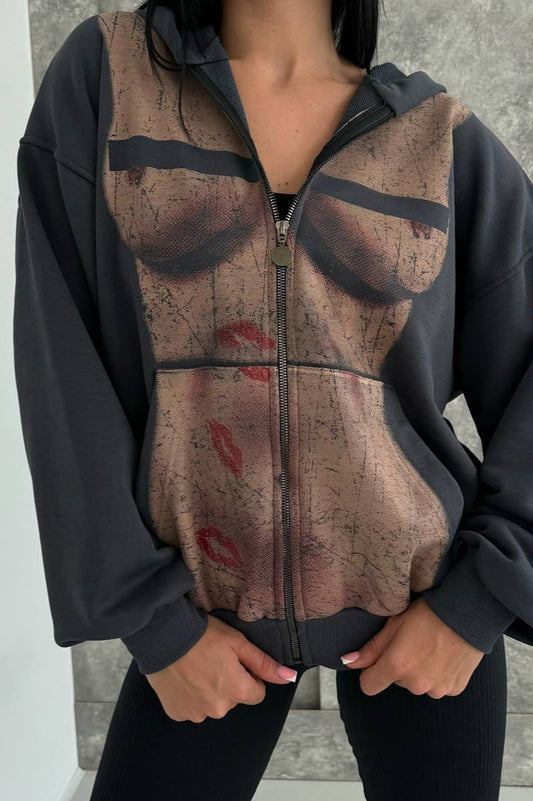 Graphic Print Zipper Hoodie