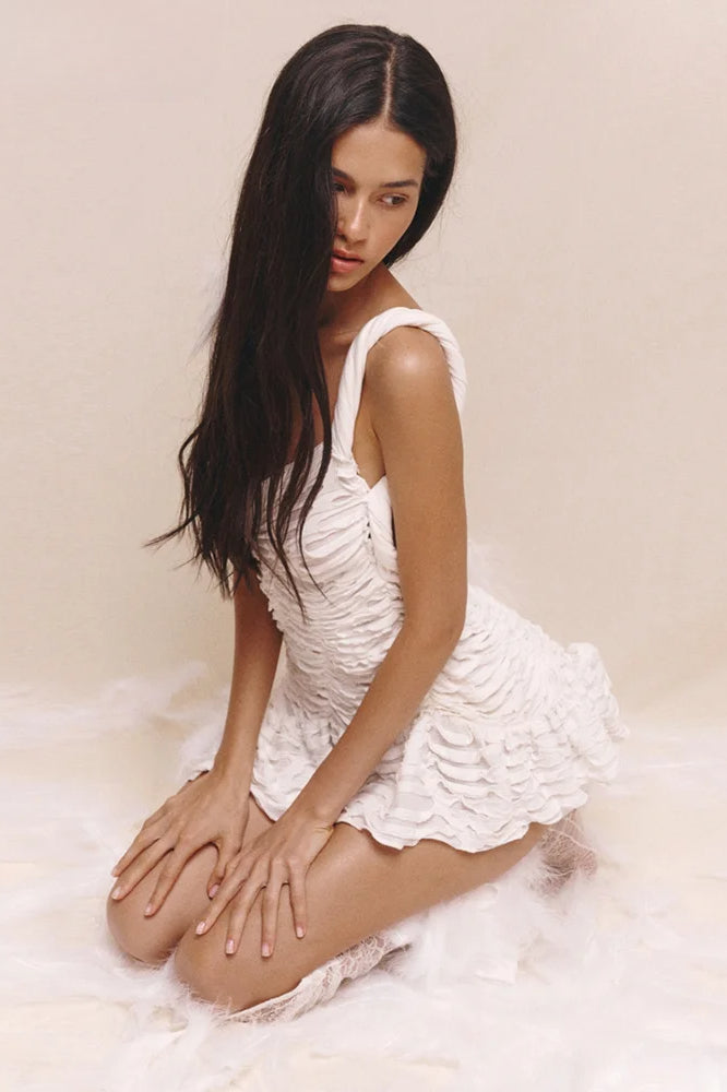 Pleated Oblique Hem Mini Dress