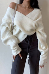 Off Shoulder Cross Front Cropped Sweater