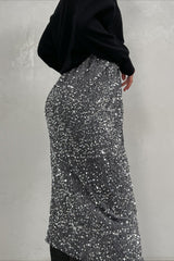 Sequin High Waist Slit Bodycon Midi Skirt