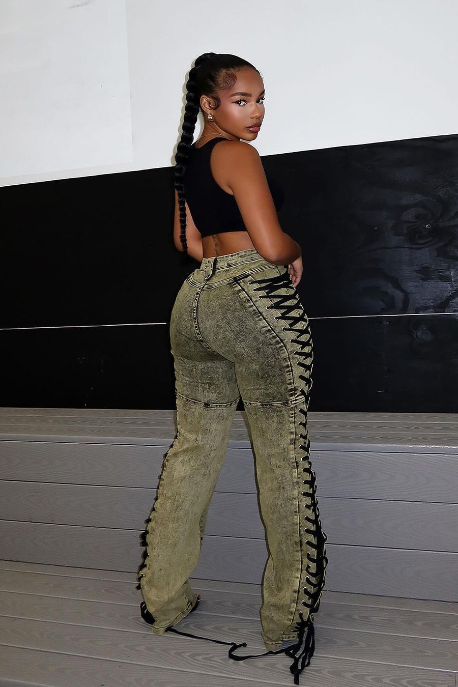 Drawstring Lace Up Denim Jeans Green / S