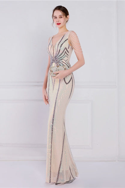 Beaded Floral Sequin Mermaid Party Dress Ivory / S