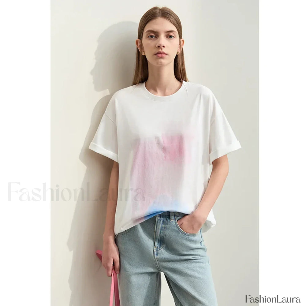 Abstract Print Loose Fit T Shirt Beige / S