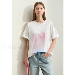 Abstract Print Loose Fit T Shirt Beige / S