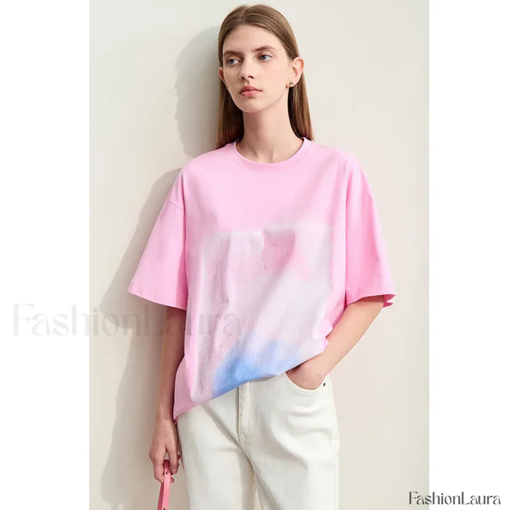 Abstract Print Loose Fit T Shirt Rose / S