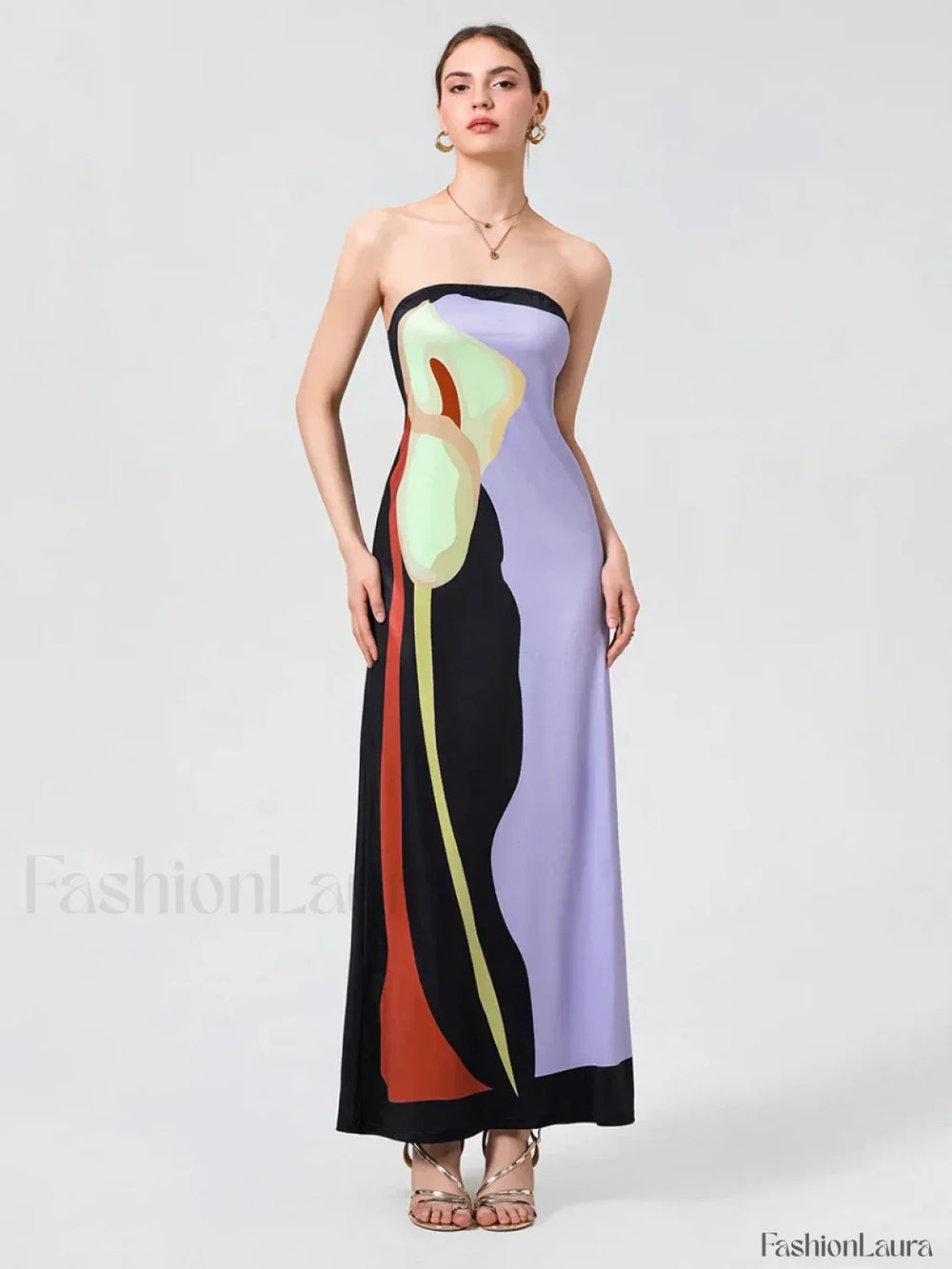 Abstract Strapless Loose Maxi Dress