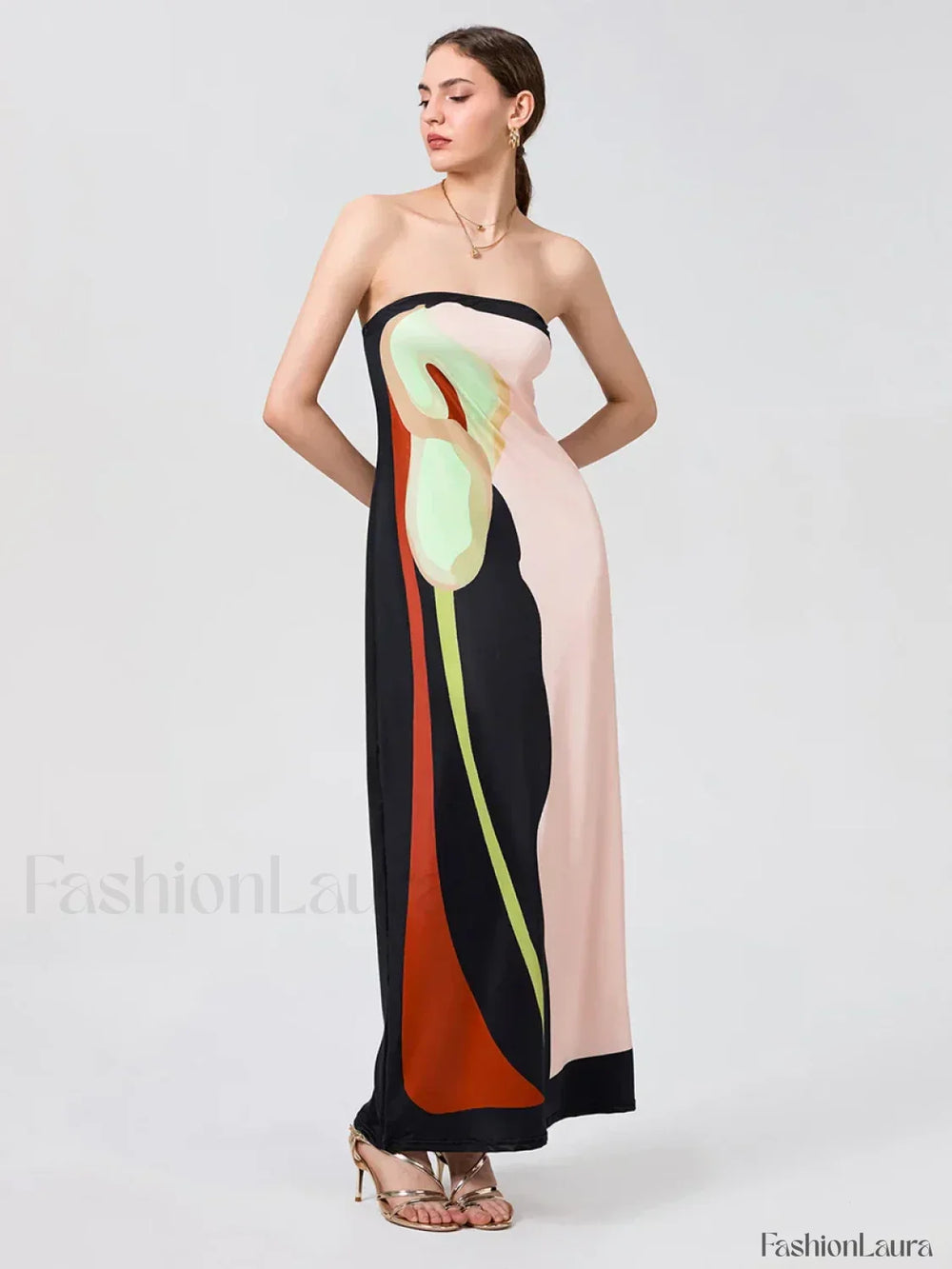 Abstract Strapless Loose Maxi Dress black / S