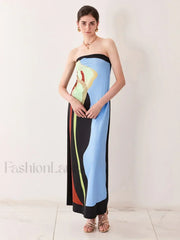 Abstract Strapless Loose Maxi Dress blue / S