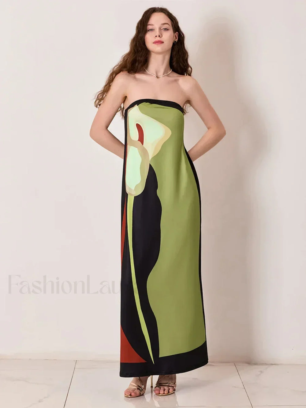Abstract Strapless Loose Maxi Dress green / S