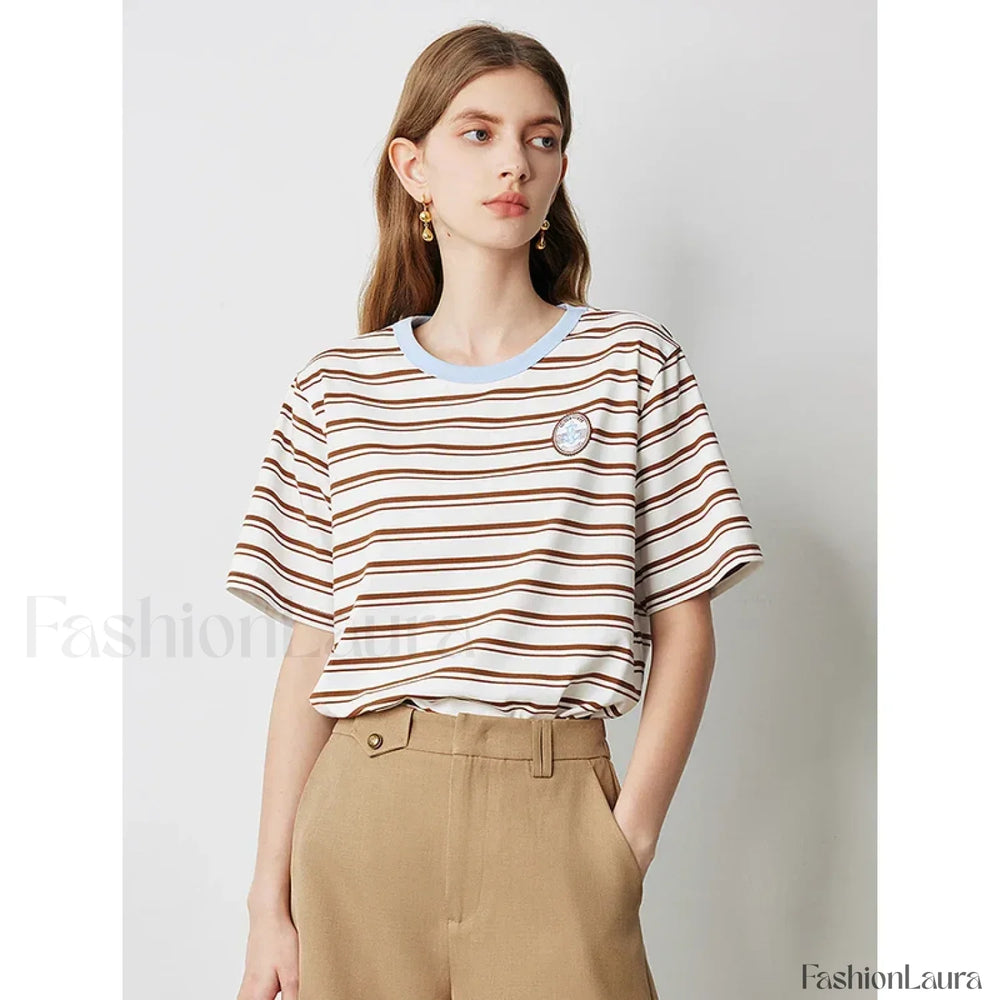 Academy Stripe Round Neck T Shirt Brown / S