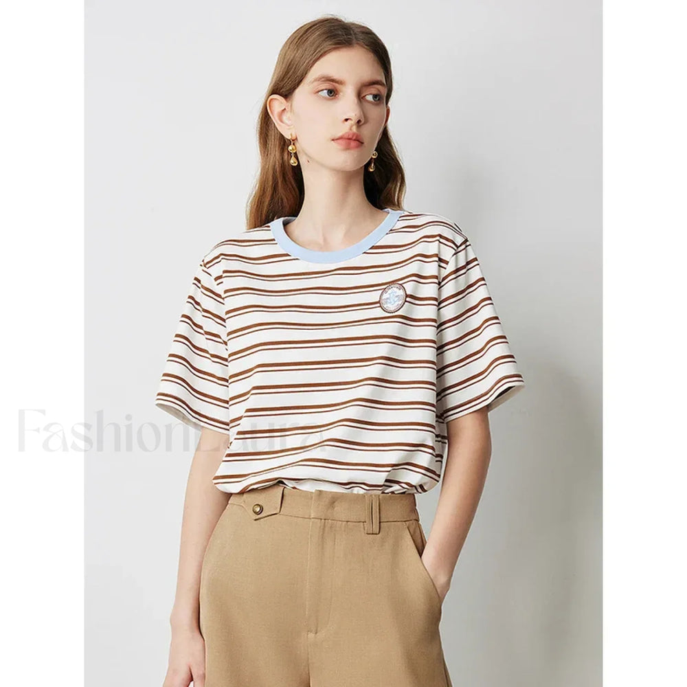 Academy Stripe Round Neck T Shirt Brown / S