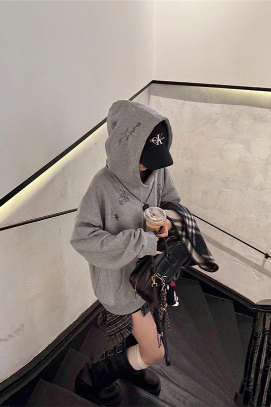 Cartoon Print Grey Hoodie