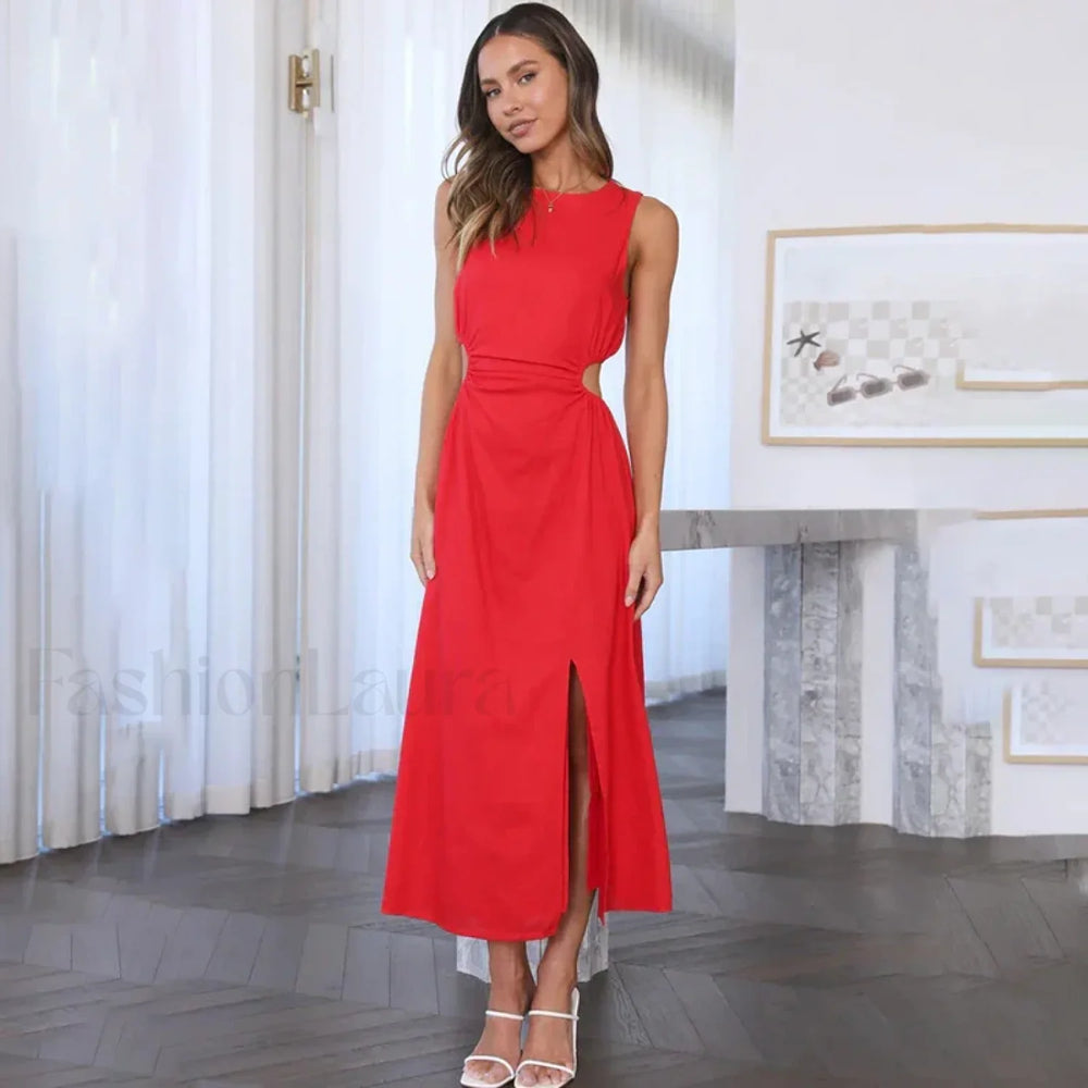 Adjustable Cutout Midi Dress Red / S