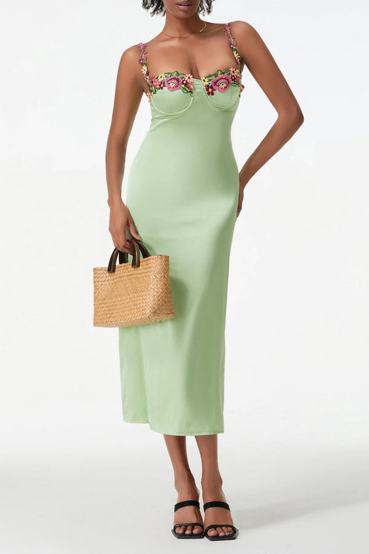 Satin Flower Embroidery Midi Dress