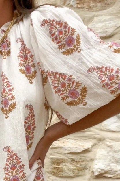 Simple Pleated Plant Print Mini Dress