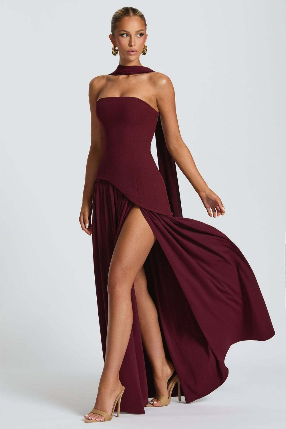 Solid Bustier High Slit Formal Dress