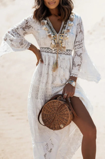 Lace V Neck Hollow Boho Dress