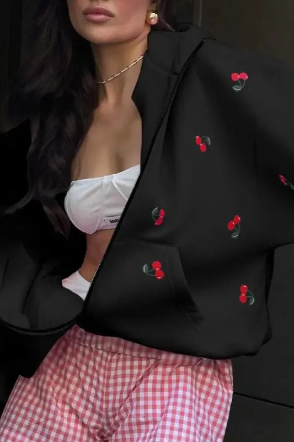 Aesthetic Cherry Print Hoodie Black / S