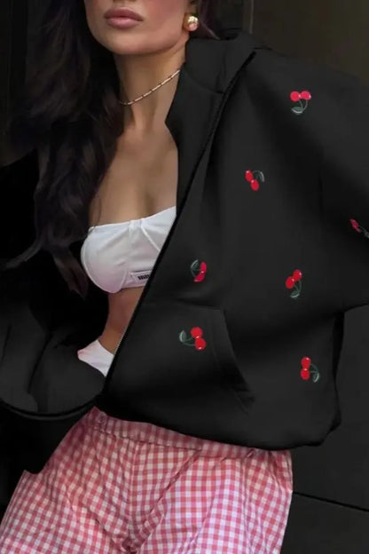 Aesthetic Cherry Print Hoodie Black / S