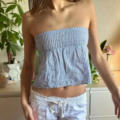 Aesthetic Gingham Smocked Tube Ruched Bandeau Crop Top