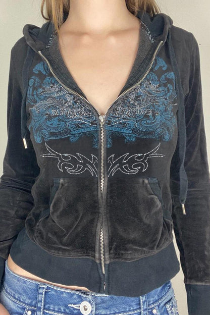 Rhinestone Print Zipper Hoodie