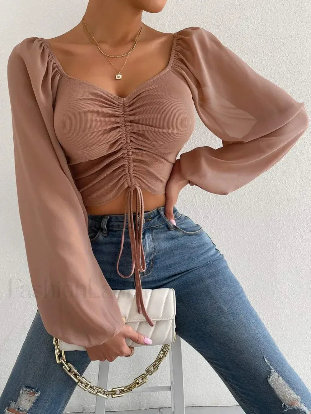 ALLUKASA Sexy Mesh Lantern Sleeve Crop Top khaki / S