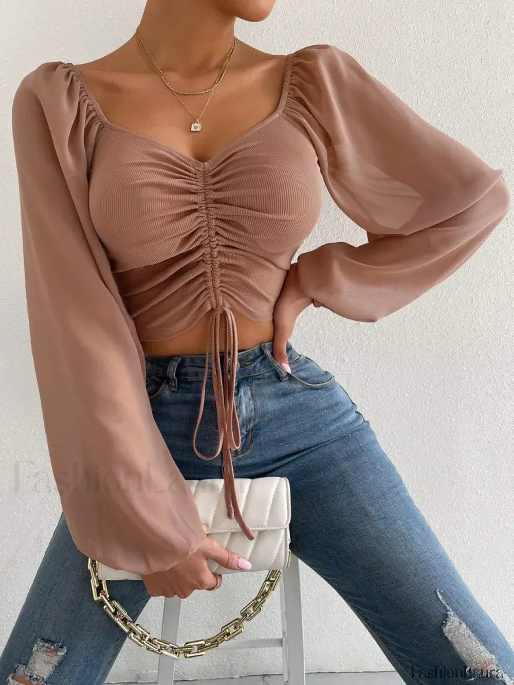 ALLUKASA Sexy Mesh Lantern Sleeve Crop Top khaki / S