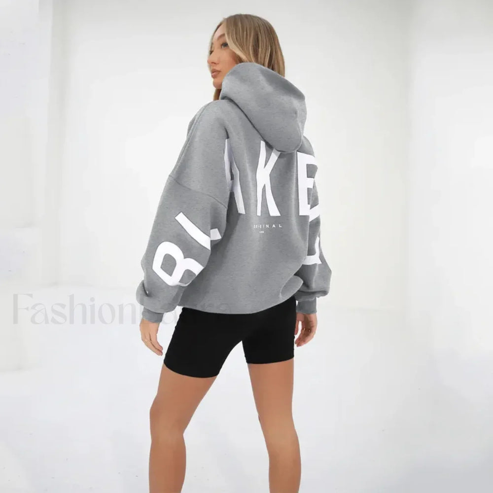 American Retro Letter Print Oversized Hoodie Grey / S