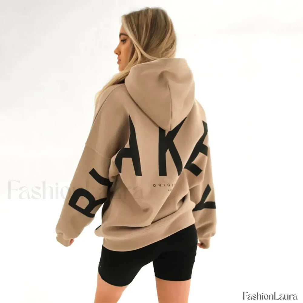 American Retro Letter Print Oversized Hoodie Khaki / S