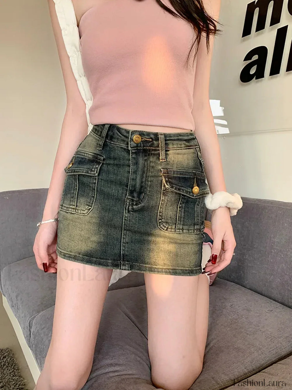 American Retro Street Denim Mini Skirt Dark Blue / S