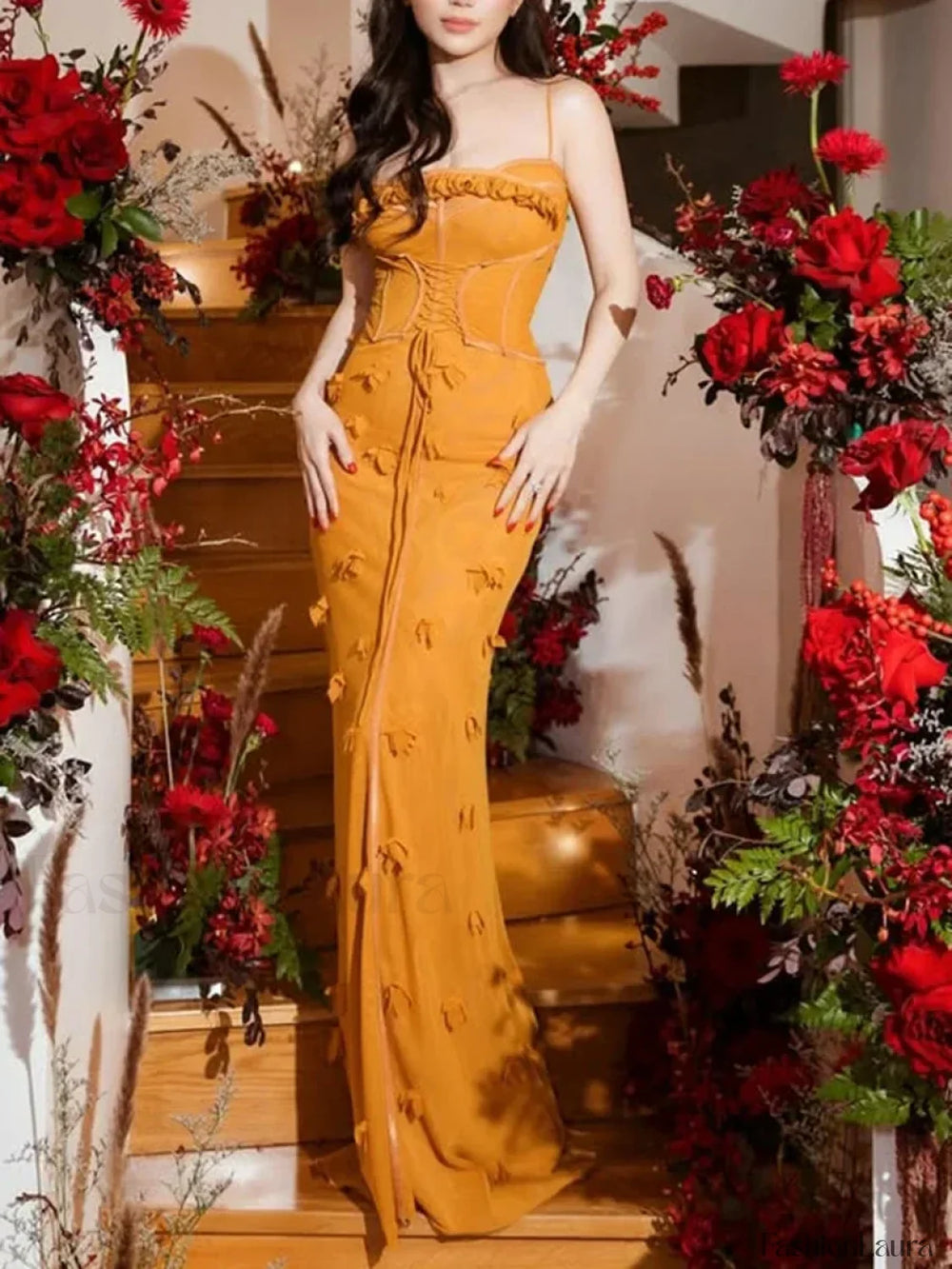 Applique Slim Slash Maxi Dress