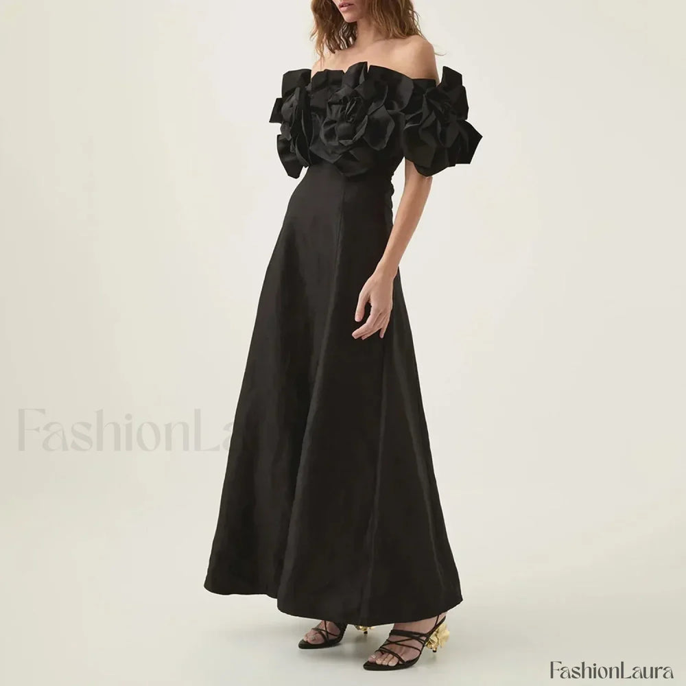 Applique Solid Slash Maxi Dress BLACK / S