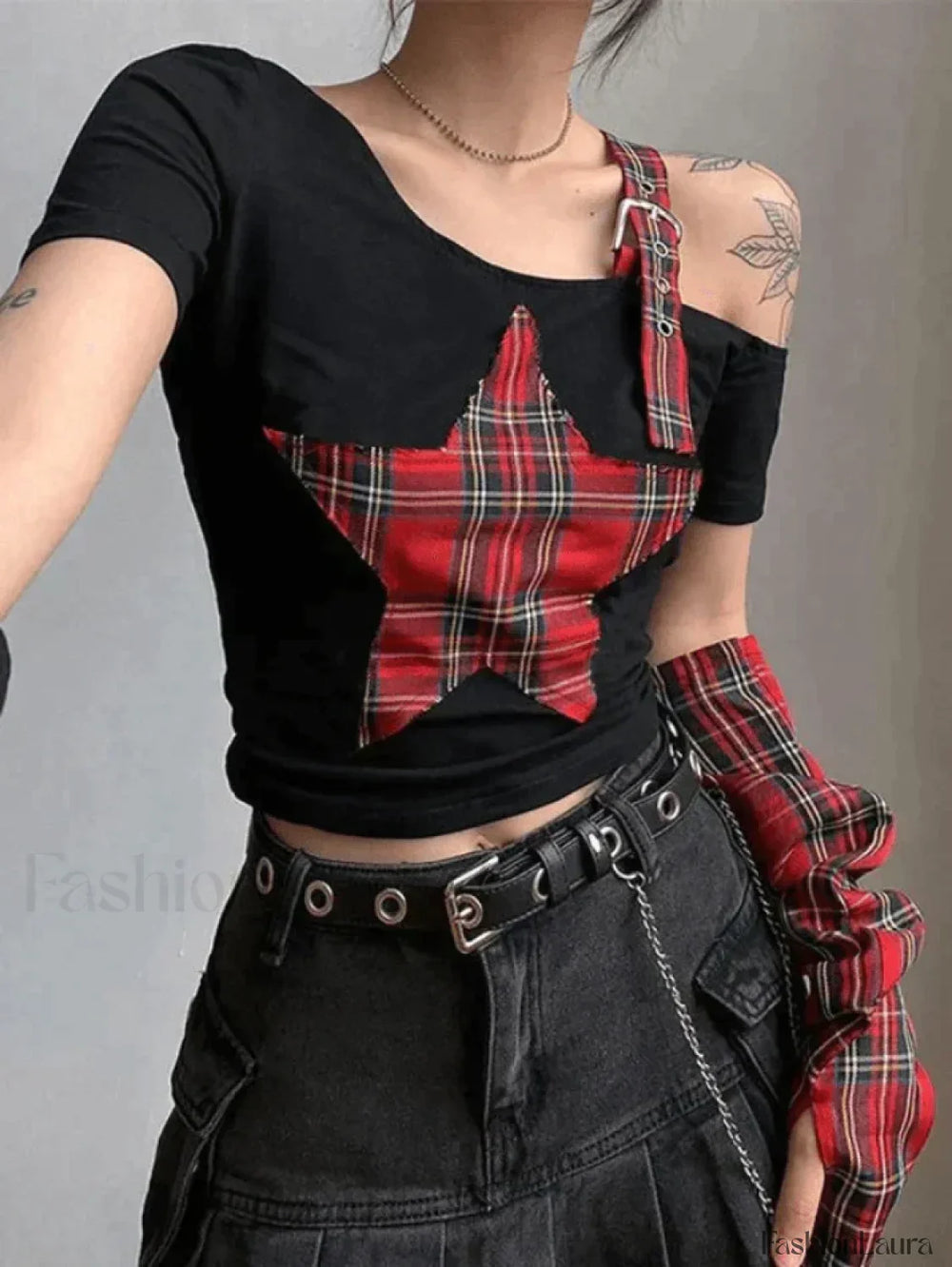 Arm Gloves Cold Shoulder Star Black Crop Top Tops&Tees