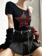 Arm Gloves Cold Shoulder Star Black Crop Top Tops&Tees