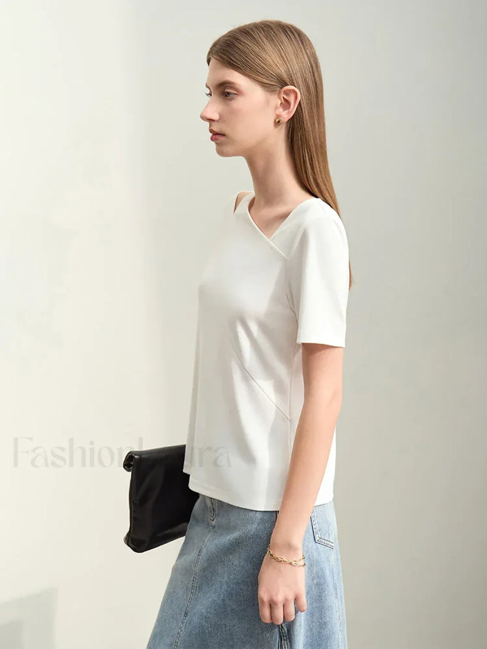 Asymmetric V Neck Stretch T Shirt