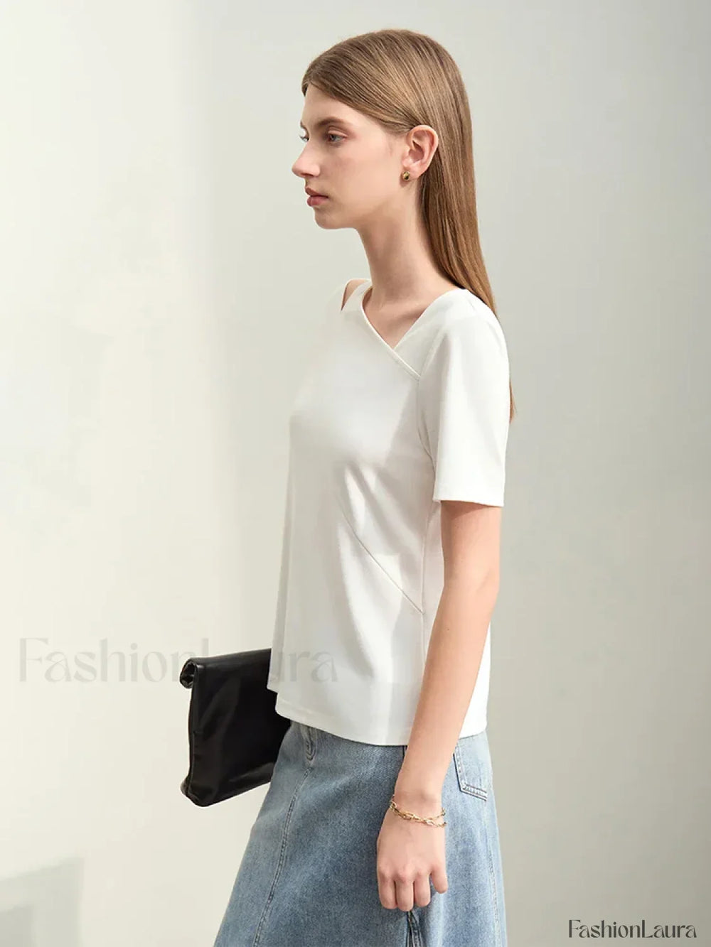 Asymmetric V Neck Stretch T Shirt
