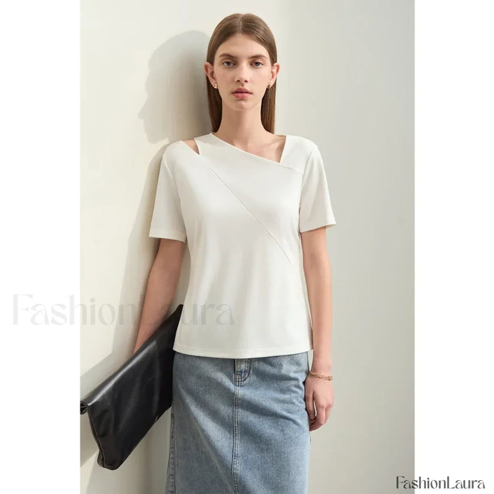 Asymmetric V Neck Stretch T Shirt Beige / S