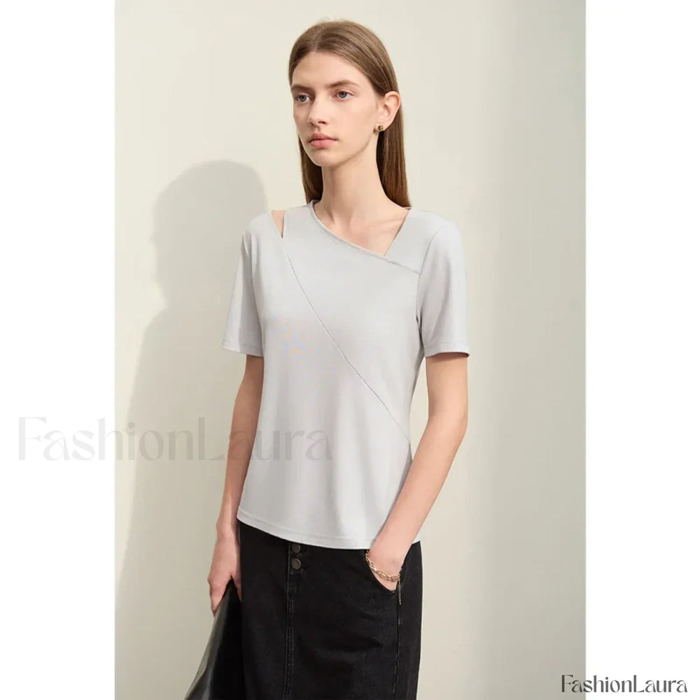 Asymmetric V Neck Stretch T Shirt Gray / S