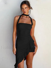 Asymmetrical Halter Lace Mini Dress Black / S
