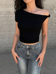 Asymmetrical Neck One Shoulder Off Top Black / XS T Shirts