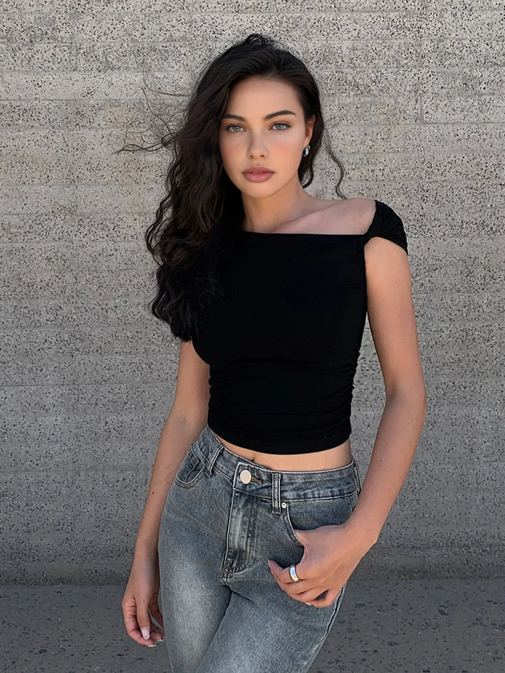 Asymmetrical Neck One Shoulder Off Top T Shirts